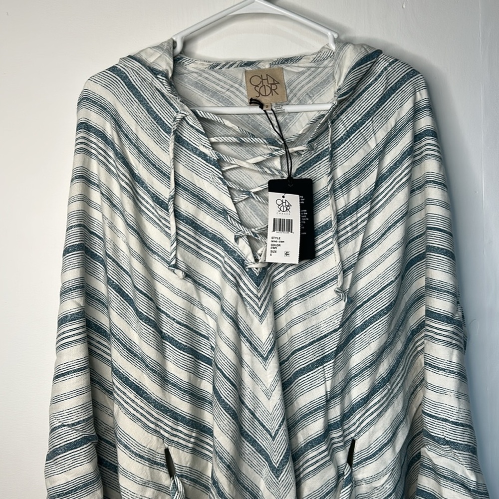 Chaser Linen Hooded Cover-Up Dress Blue Striped Lace-Up Tie Waist Beach Sz Small - Picture 5 of 8